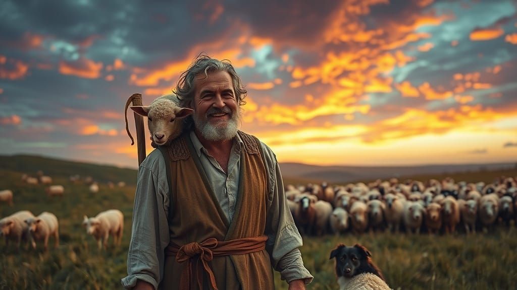 Kind Shepherd Reunites with Lost Lamb in Vibrant, Golden Cou...