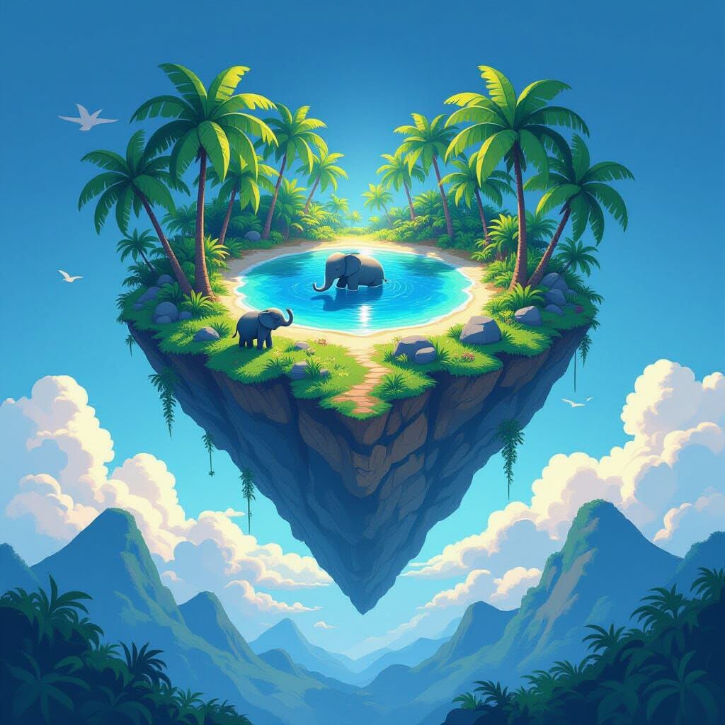 Floating Jungle Island with Elephants: Anime Art