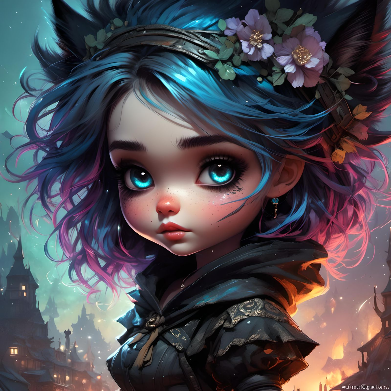 Charming Chibi Witch with Black Cat in Ink Style