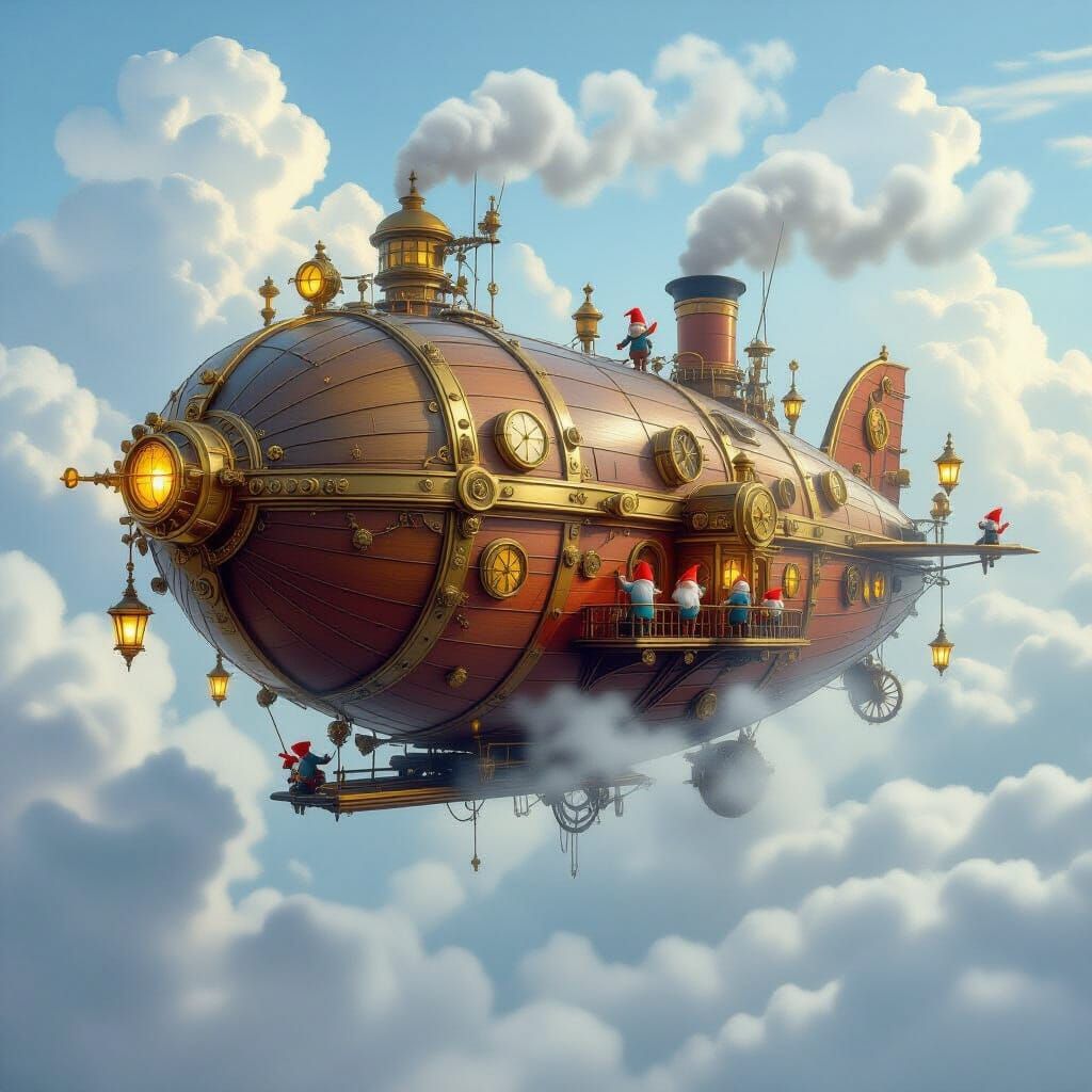 Steampunk Snail Airship Soaring Through Misty Skies