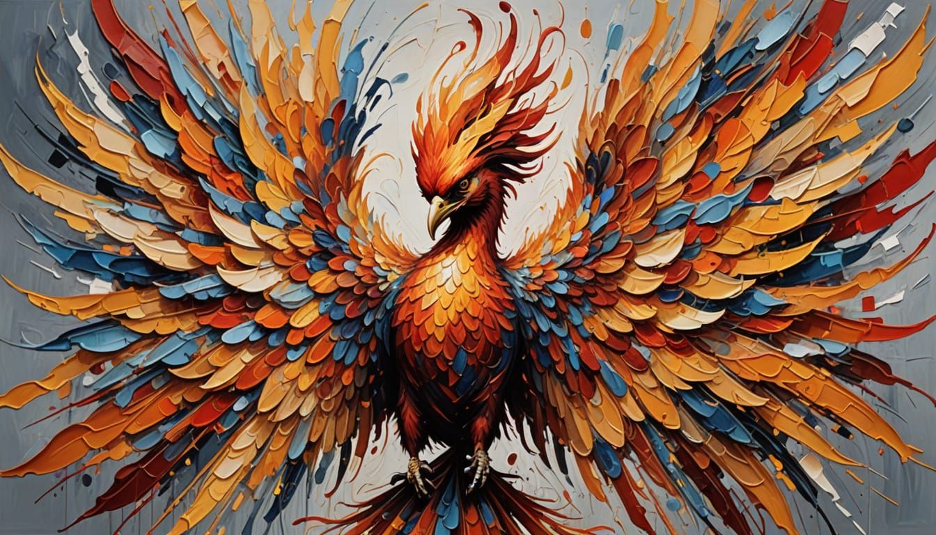 Abstract Phoenix Oil Painting with Thick Impasto Texture