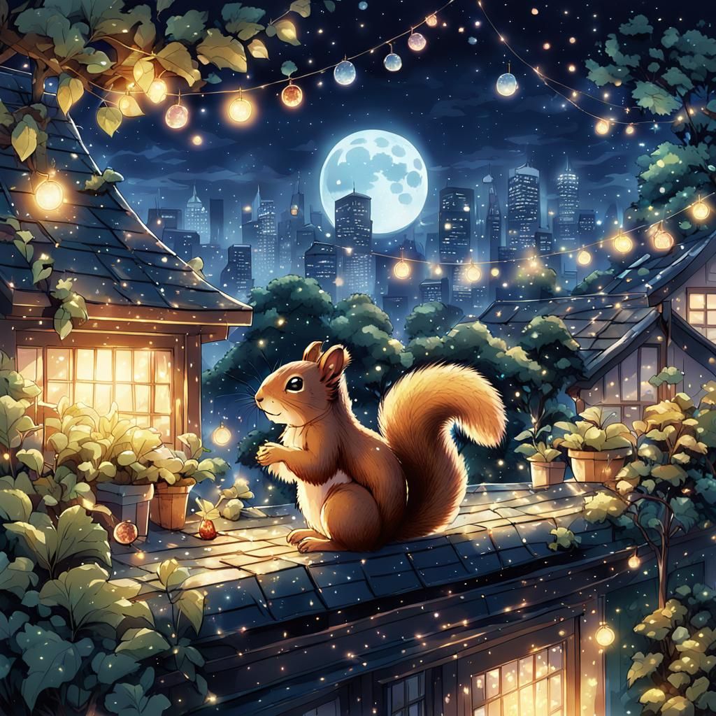 Squirrel's Gem-Encrusted Tail in Moonlit Garden
