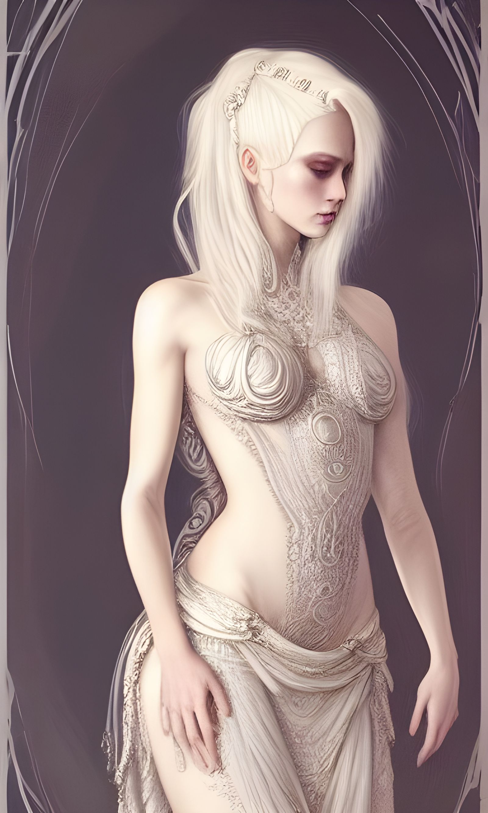 Ethereal Blonde in Intricate Gown: Digital Illustration