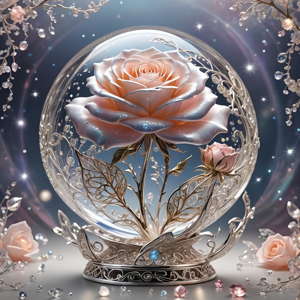 Opalescent Rose Sculpture in Crystal Sphere