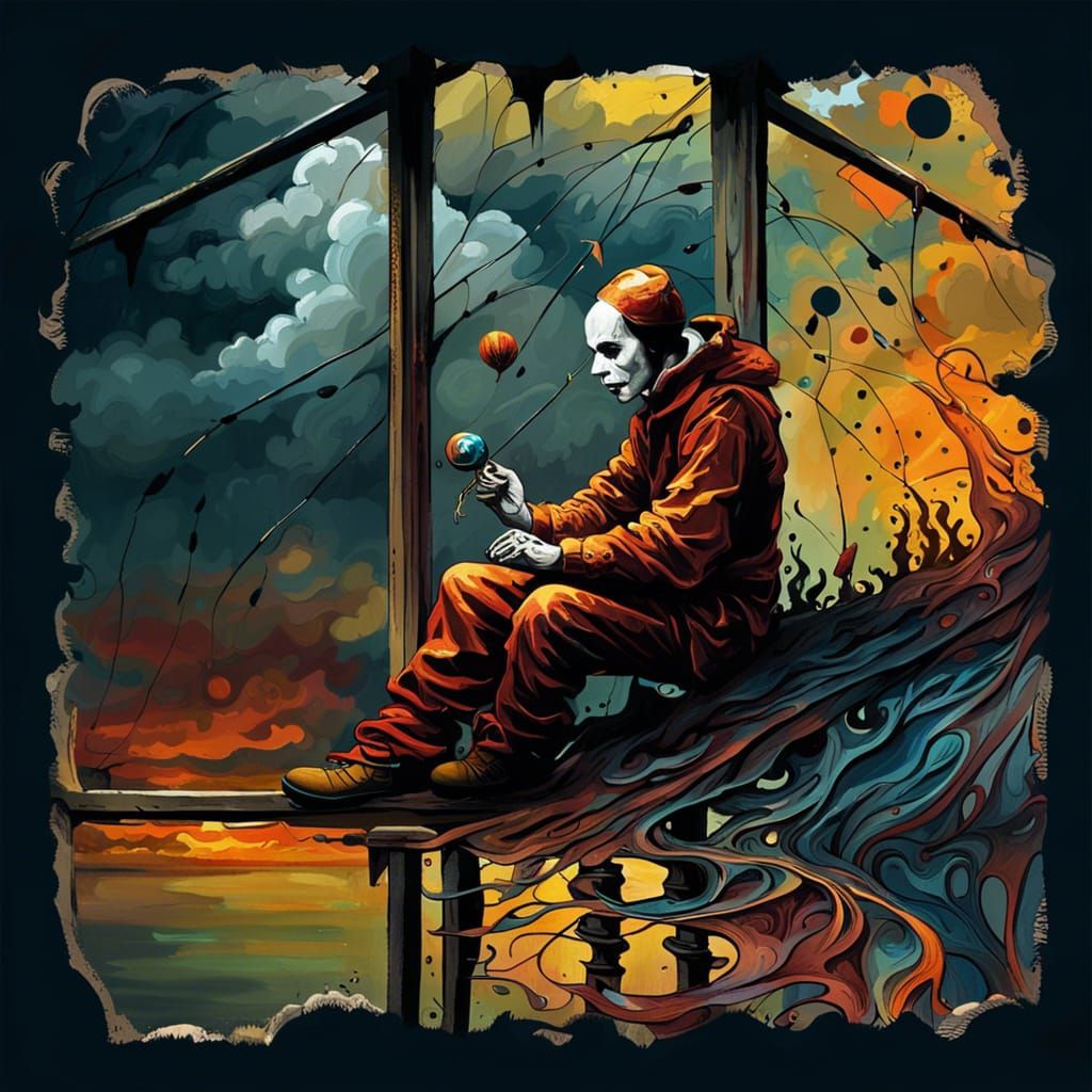 Melancholic Pierrot Oil Painting with Cloudy Sky