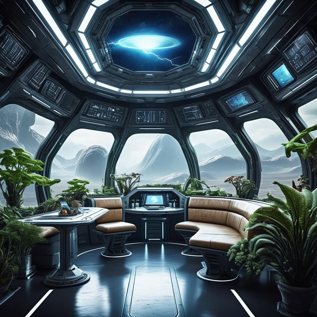 Sustainable Alien Spaceship Interior: Hyperrealistic Photo