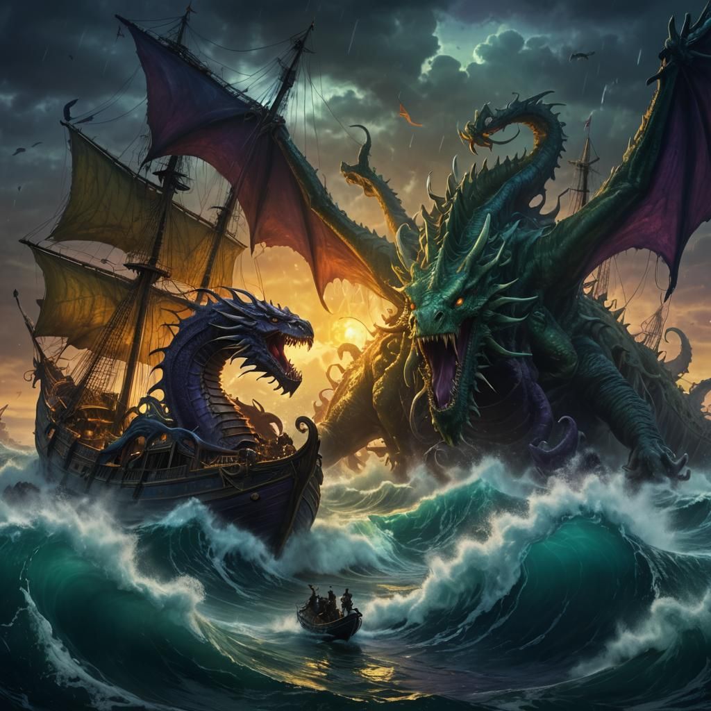 Epic Sea Dragon vs Cthulhu Battle in Fantasy Art