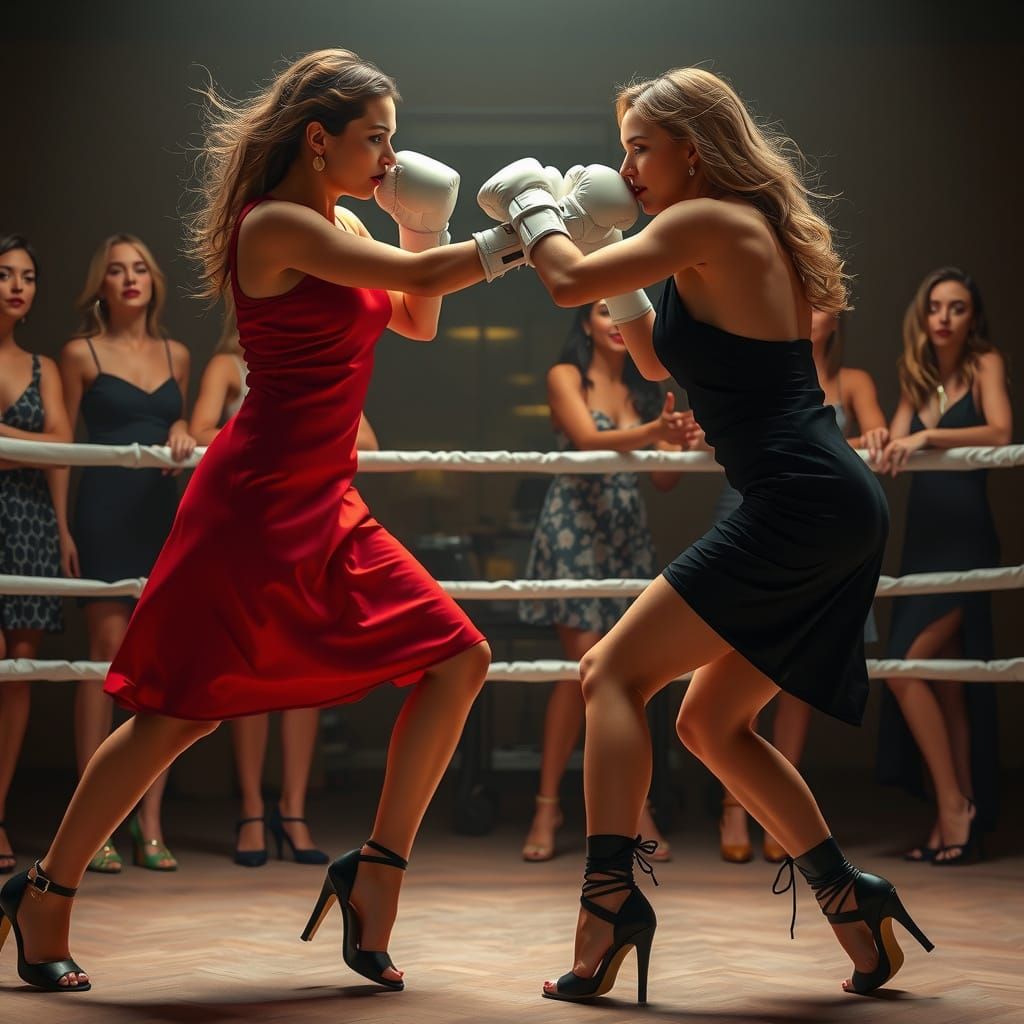 Women in Epic Boxing Match within a Chic Office
