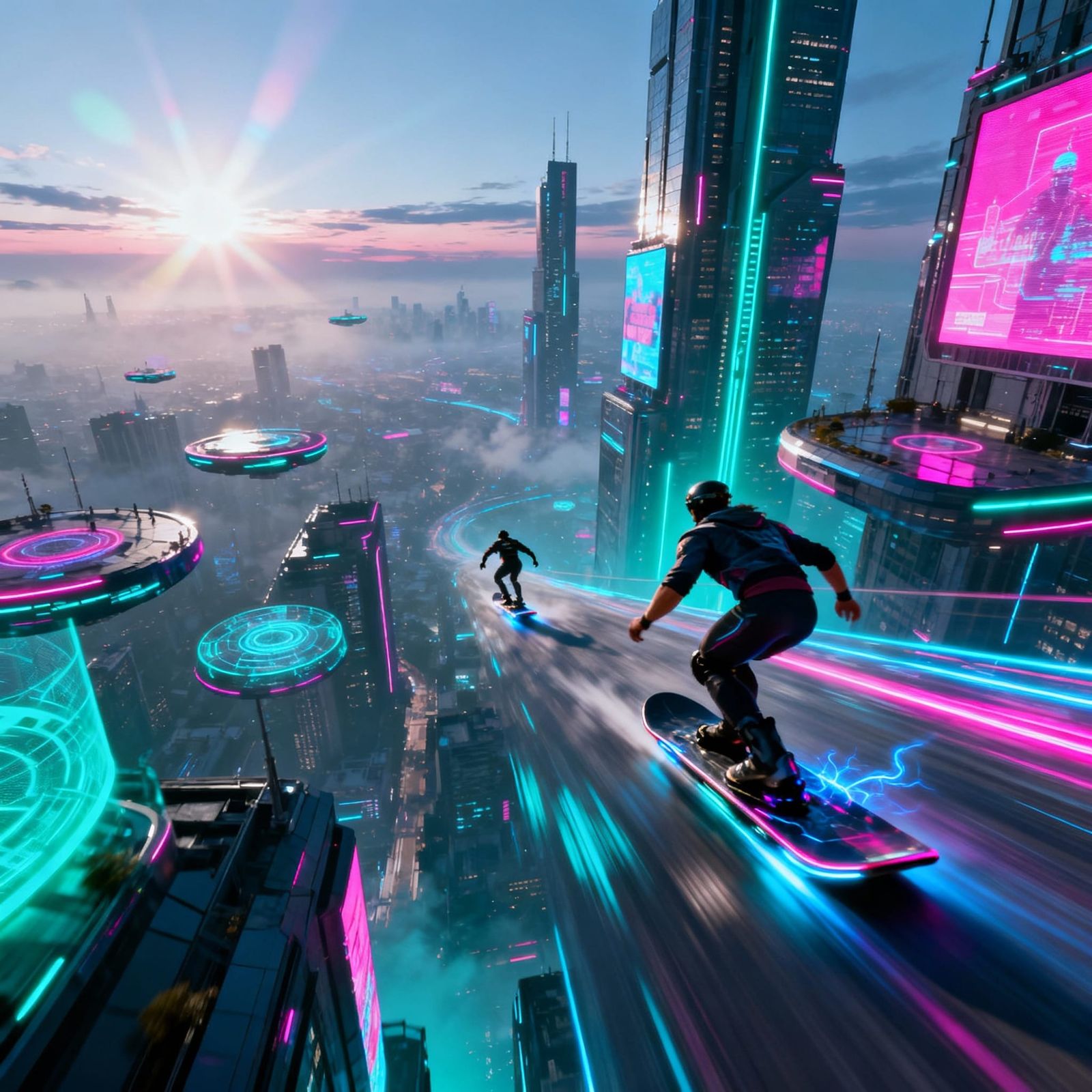 Futuristic Sky Surfing Competition in Neon Metropolis