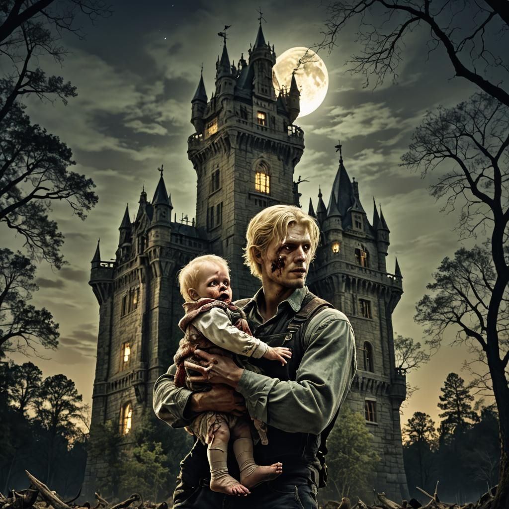 Peasant with Zombie Baby in Woods at Night