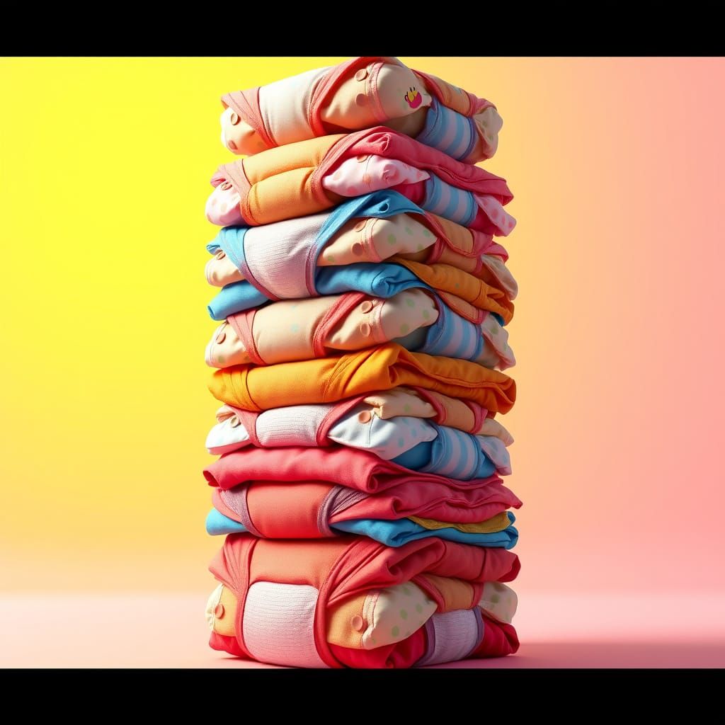 Vibrant Diaper Tower in Pixar-Inspired Digital Painting Styl...