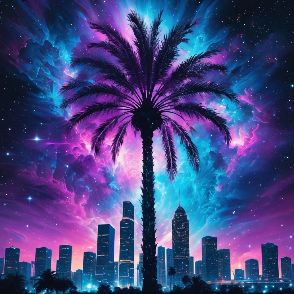Cosmic Palm Skyscraper in Dreamy Nebula, Airbrush Style