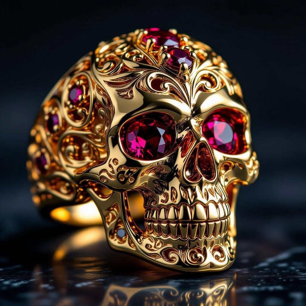 Exquisite Gold Skull Ring with Ruby Eyes