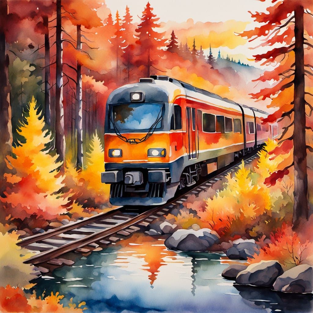 Autumn Train Through Forest as Watercolor Painting