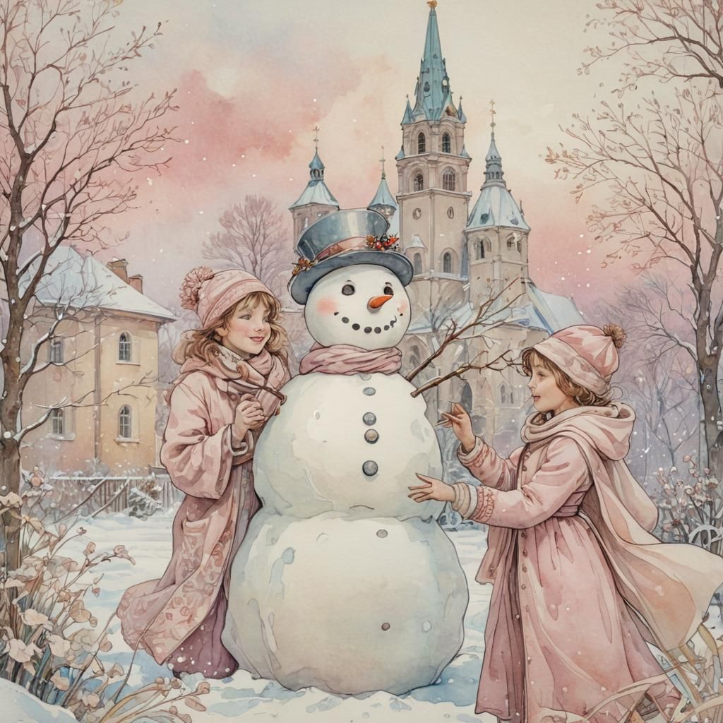 Children Building Snowman in Art Nouveau Style