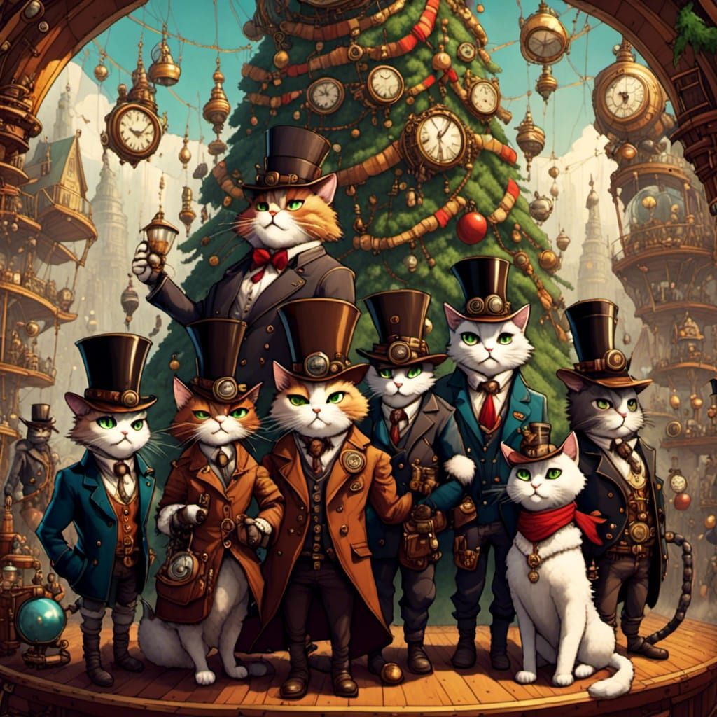 Steampunk Cats Celebrate Christmas in Style