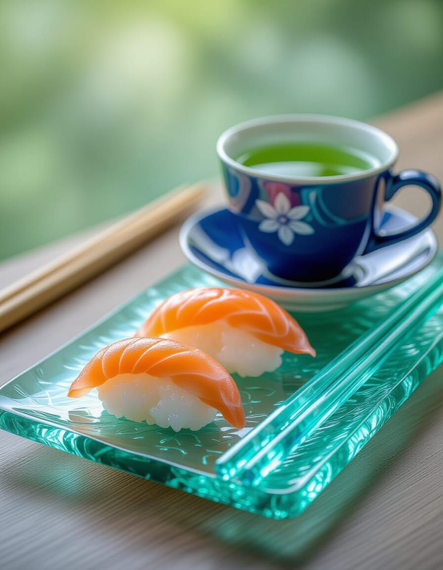 Crystal Glass Sushi in Watercolor Splash Art Style