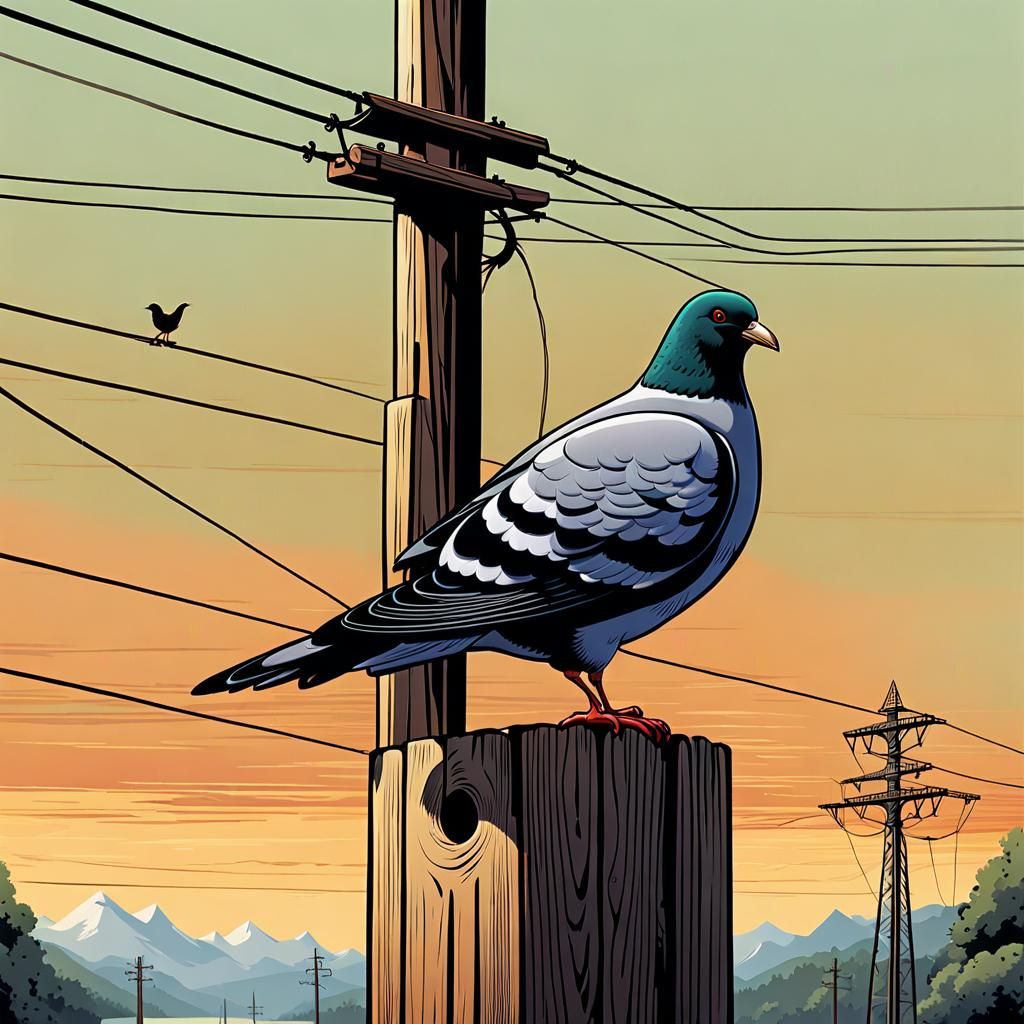 Pigeon on Telegraph Pole Illustration