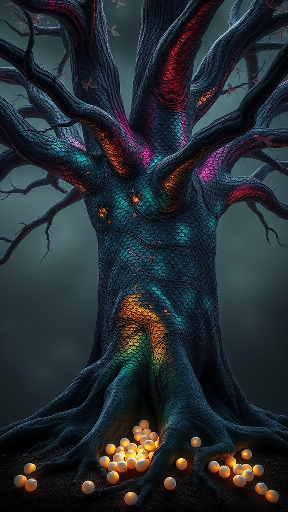 Iridescent Fish Scale Tree with Luminous Eggs