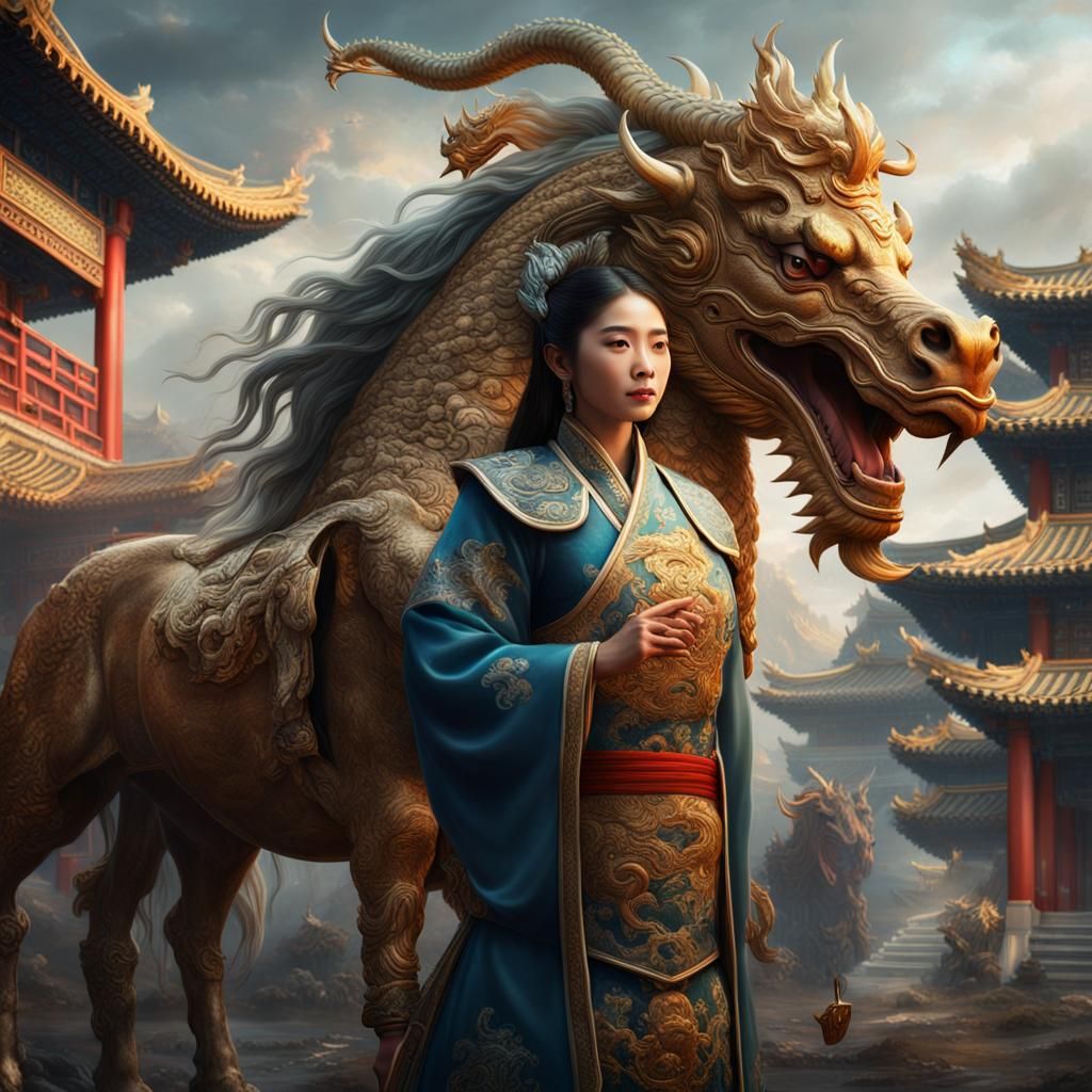 Qilin Beside a Woman: Digital Matte Painting