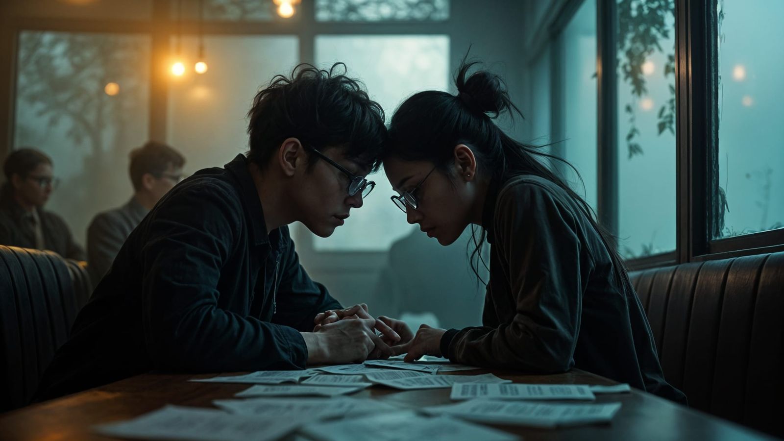 Dramatic Cafe Scene with Urgency, in Sinister Style