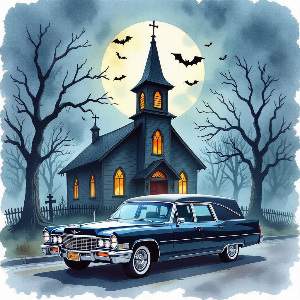 Spooky Hearse at Haunted Church in Watercolor Style
