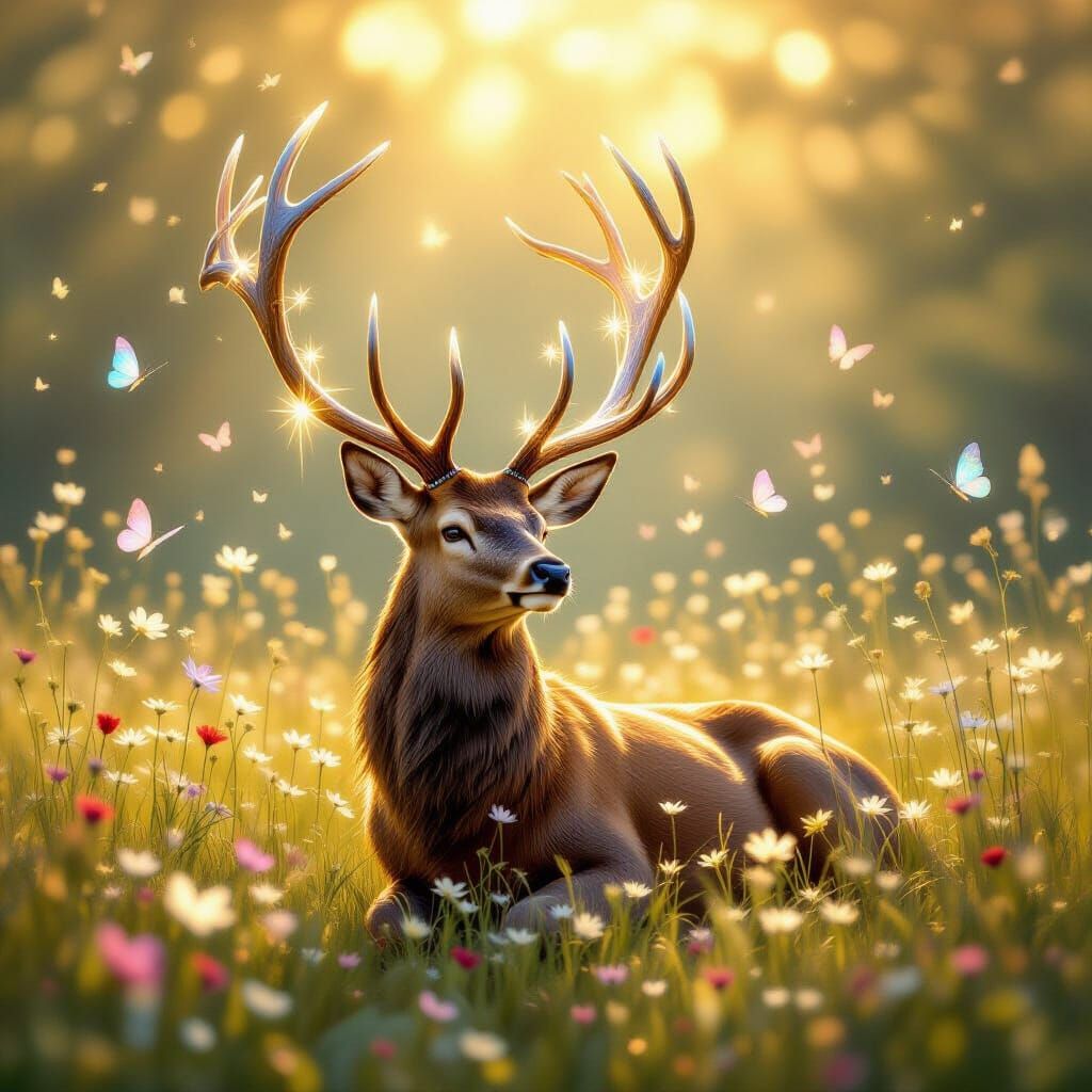 Stag with Crystal Antlers in Ethereal Meadow