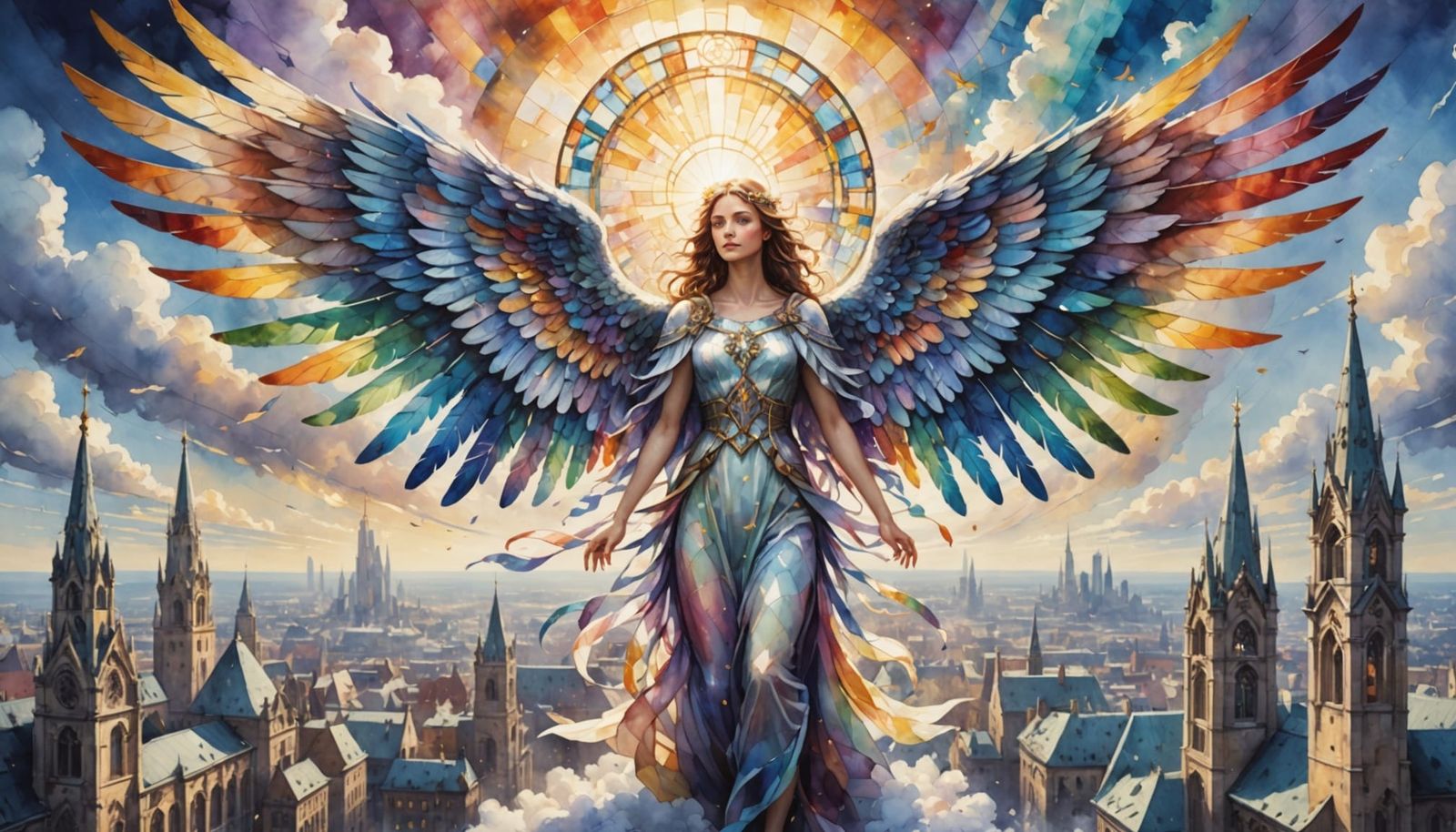 Angel with Stained Glass Wings Descends to Cloud City in Wat...