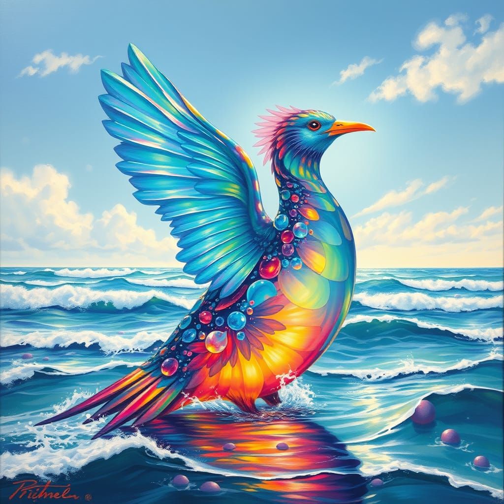 Vibrant Water Bird Radiates Rainbow Hues Over Ocean Waves
