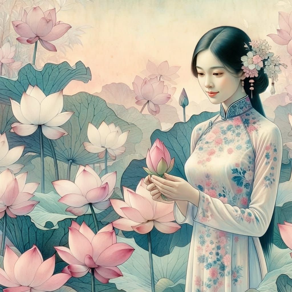 Elegant Asian Woman in Ao Dai with Lotus Flowers