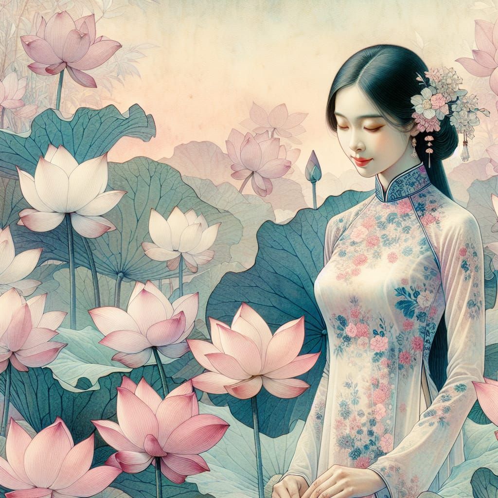 Elegant Asian Woman in Ao Dai with Lotus Flowers