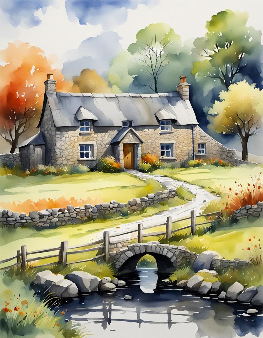 Irish Country Cottage in Detailed Watercolor