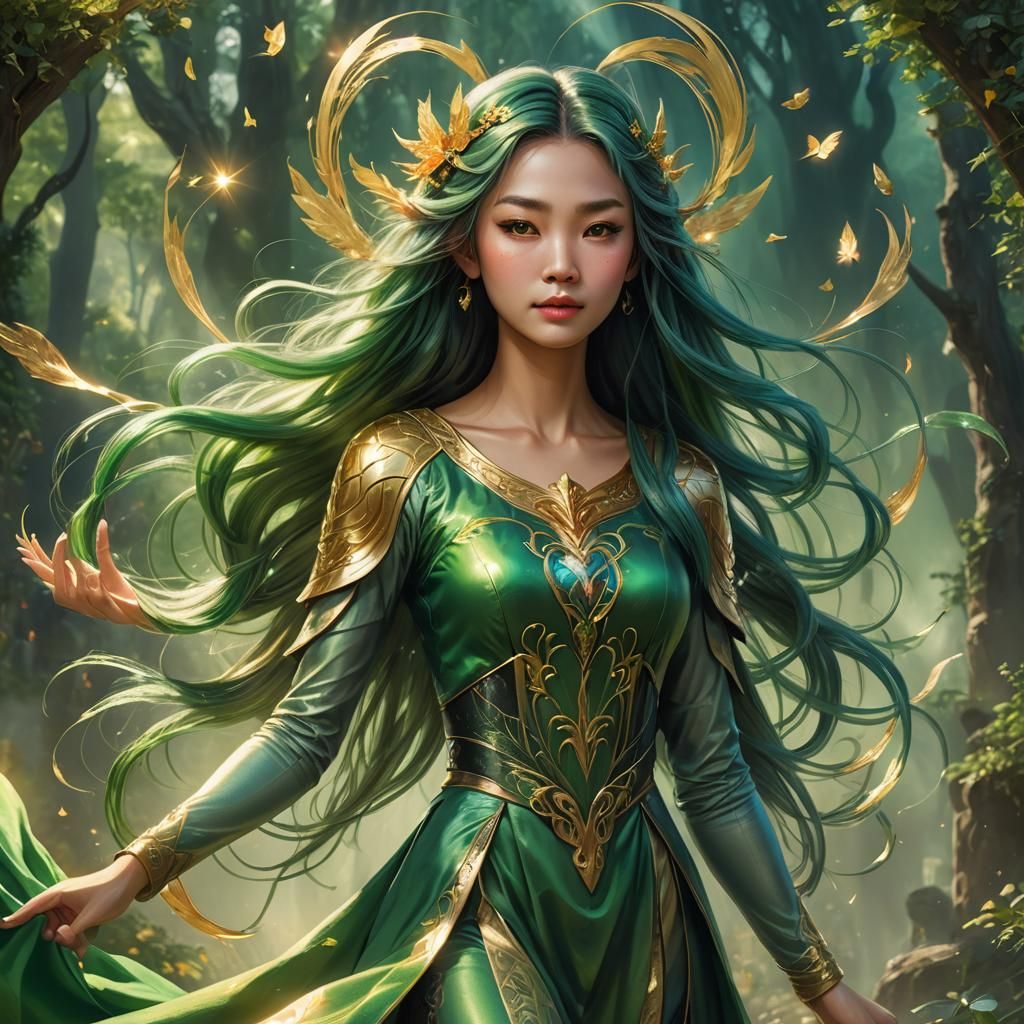 Asian Fairy Portrait with Green Hair, Fantasy Art