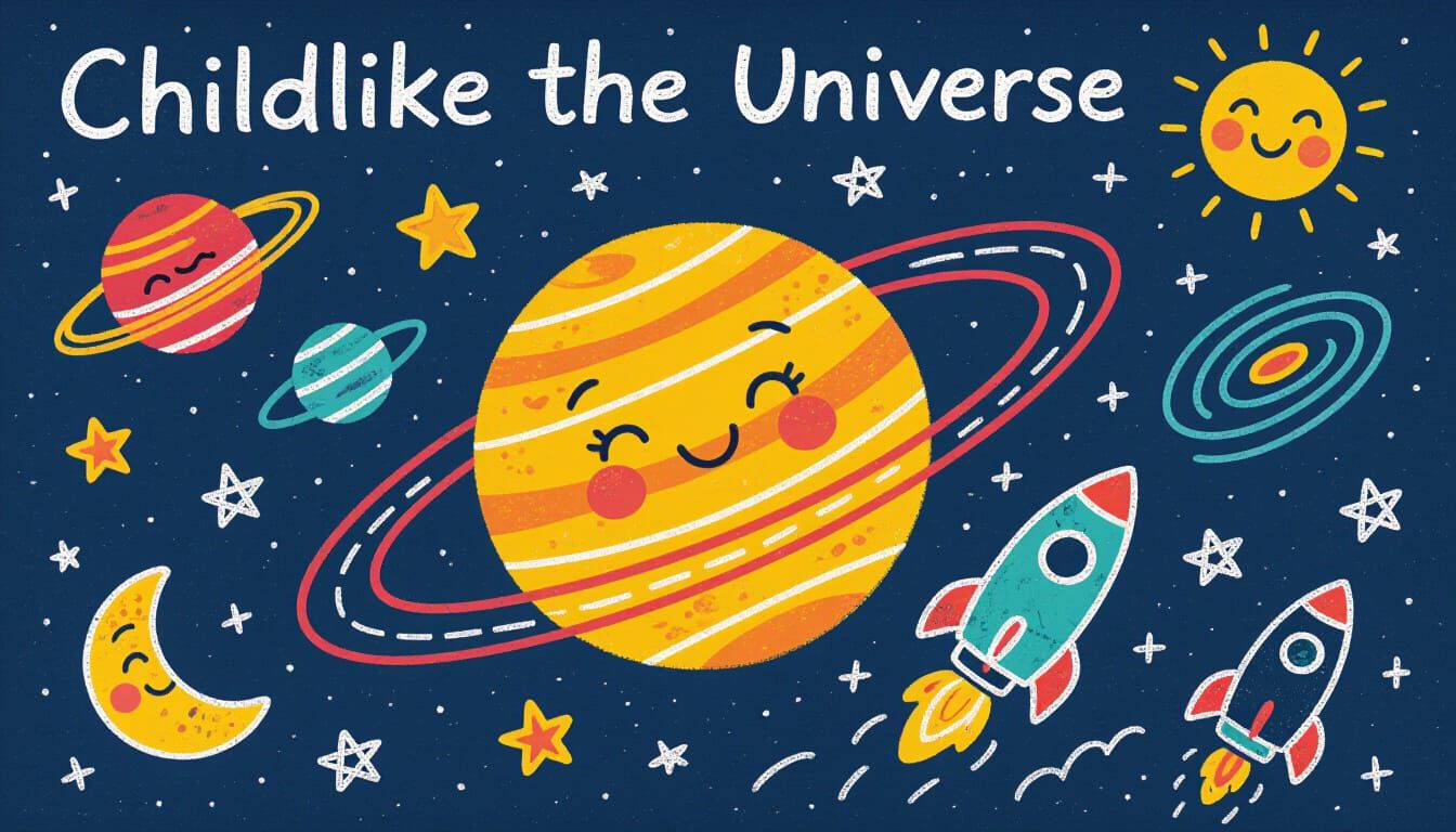 Childlike Universe Drawing with Rockets and Planets