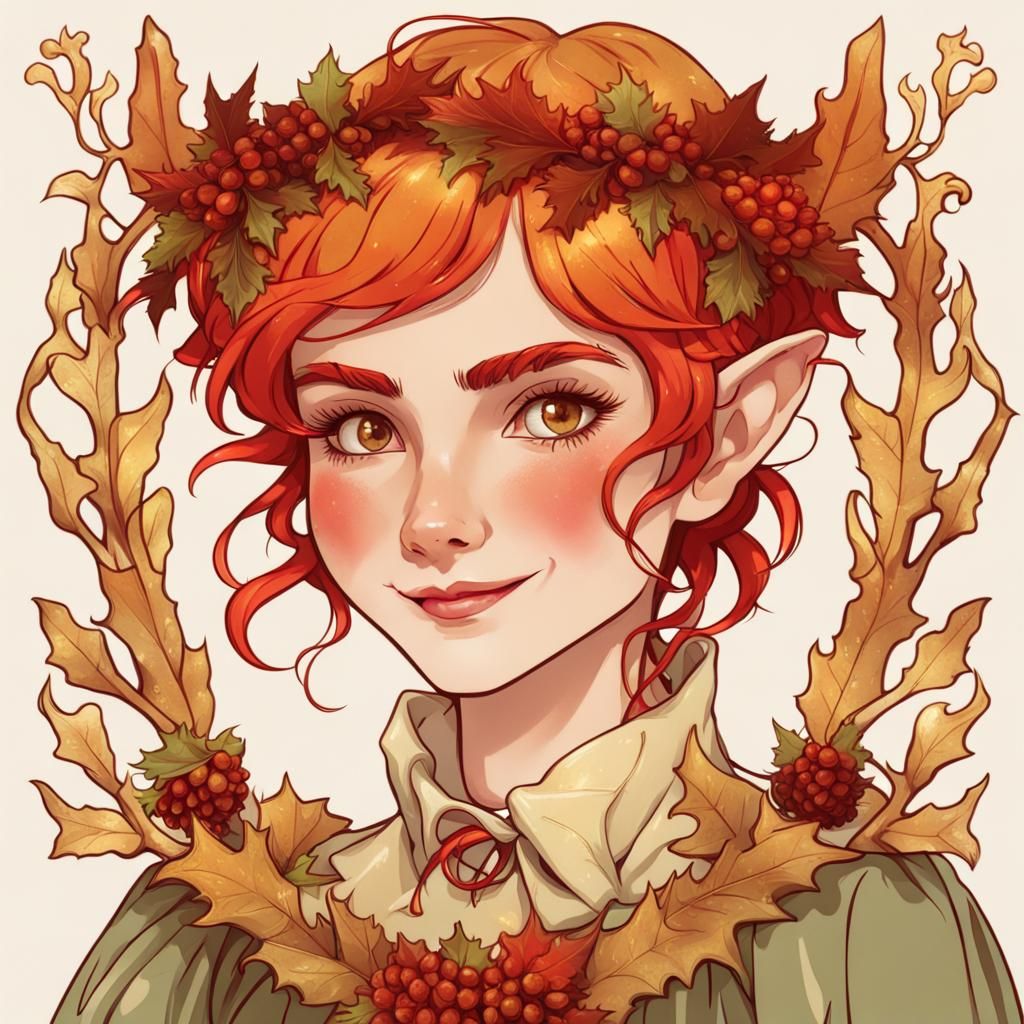 Art Nouveau Elf with Autumn Wreath