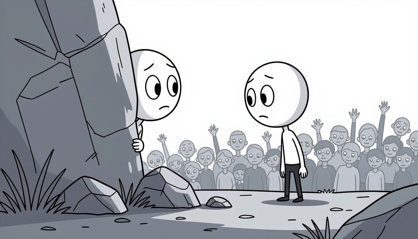 Stickman Peeking from Behind Rock with Tired Eyes