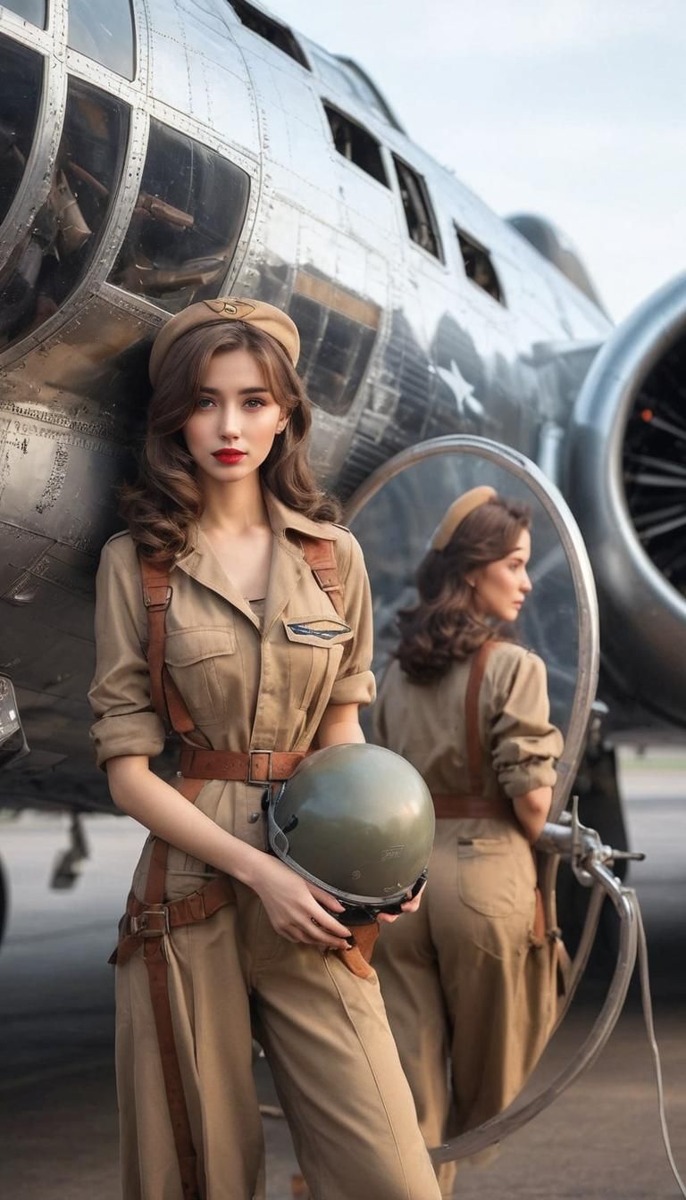 Bomber Girl Posing with Aircraft