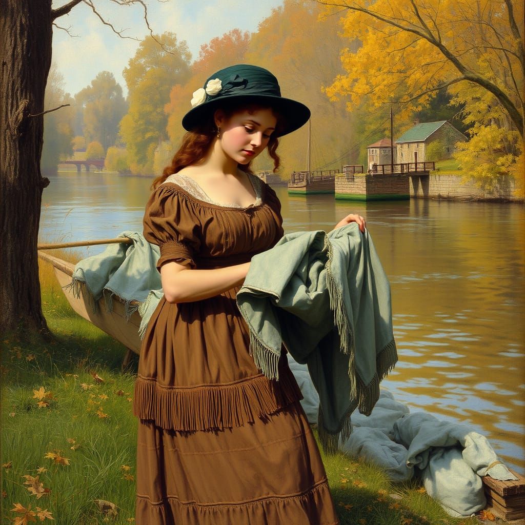 Victorian Woman Doing Laundry by a River in Autumn