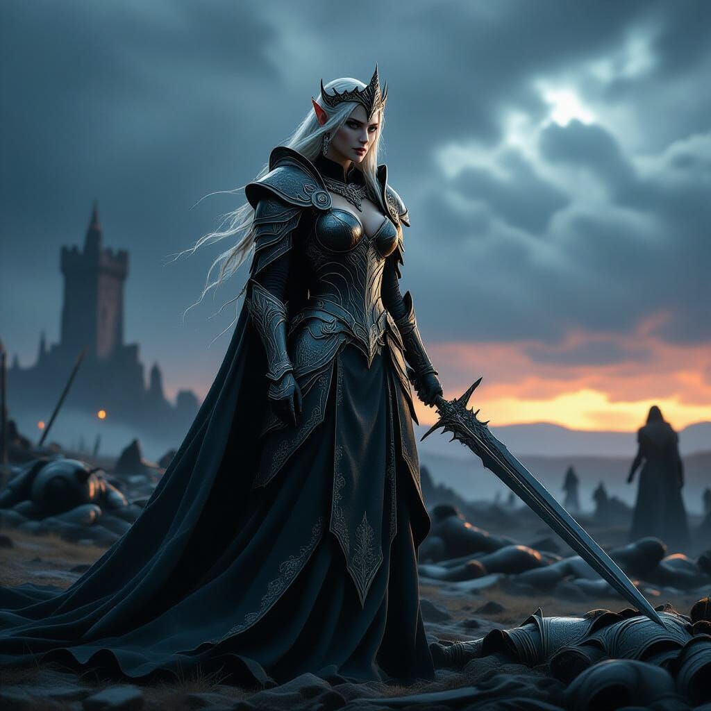 Elven Queen on Ancient Battlefield in Dark Fantasy Style