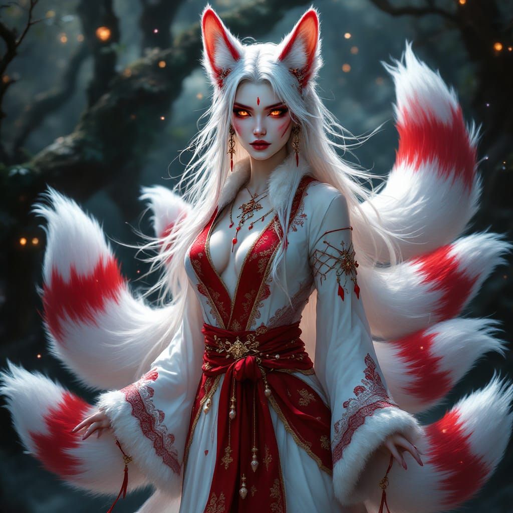 Mystical Fox Spirit Woman in Enchanted Forest