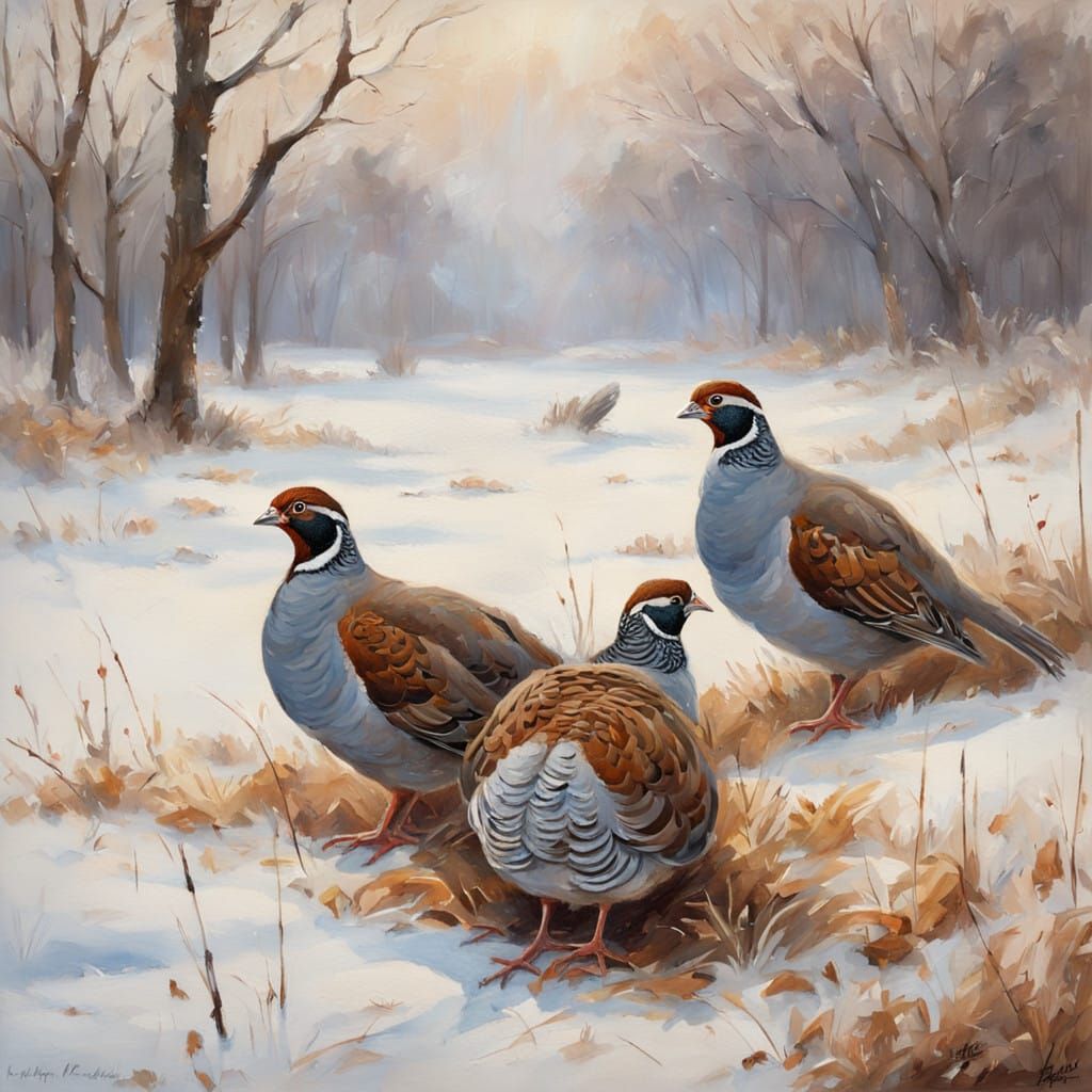 Snowy Partridges in Rustic Polish Winter Landscape