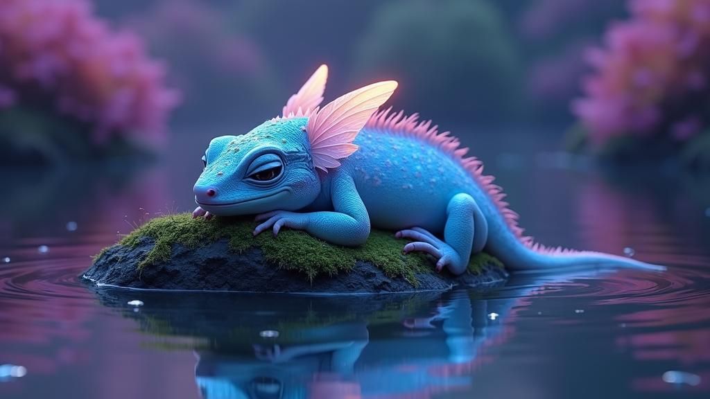 Bioluminescent Lizard Sleeps Peacefully by Lake