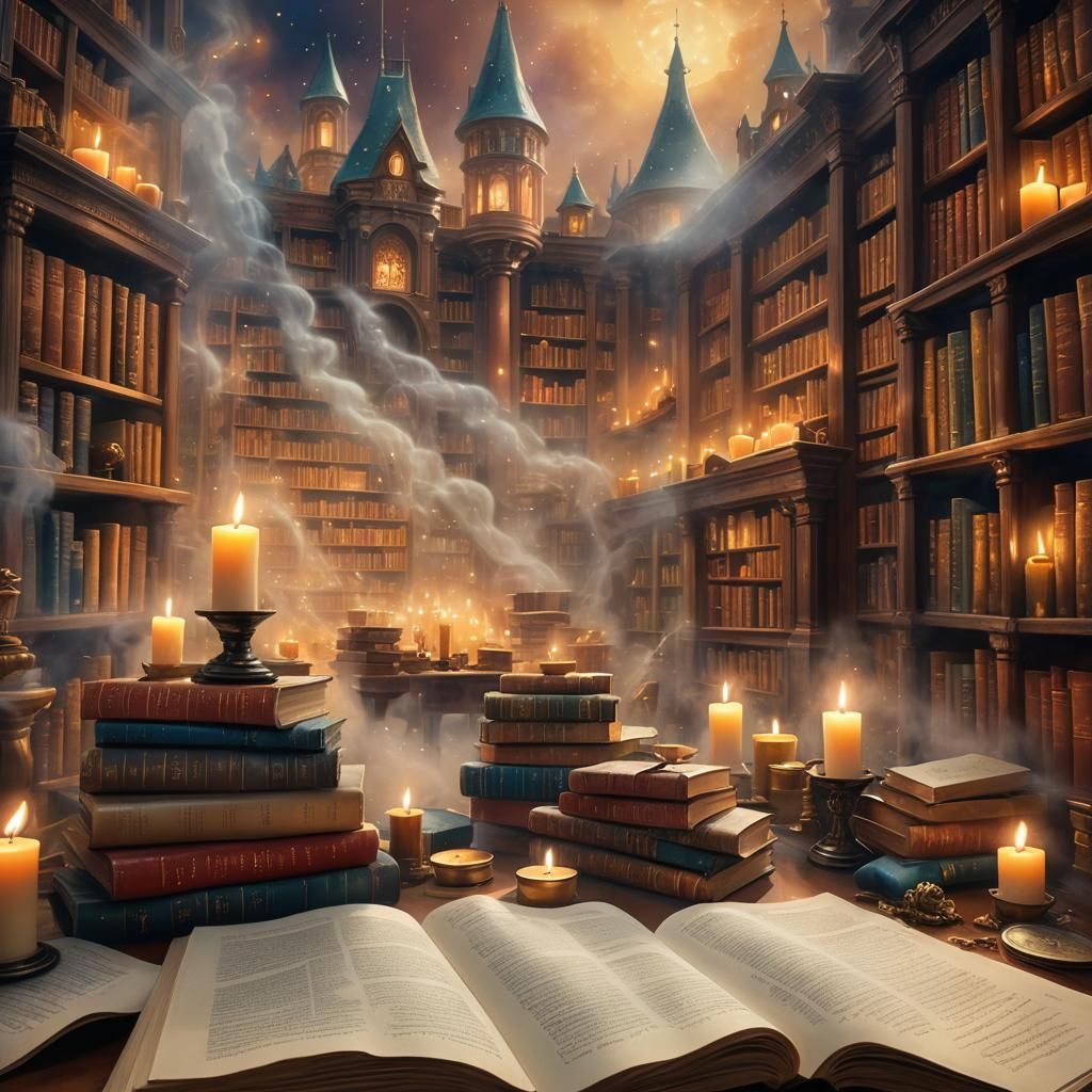 Magical Books in Ethereal Candlelit Library
