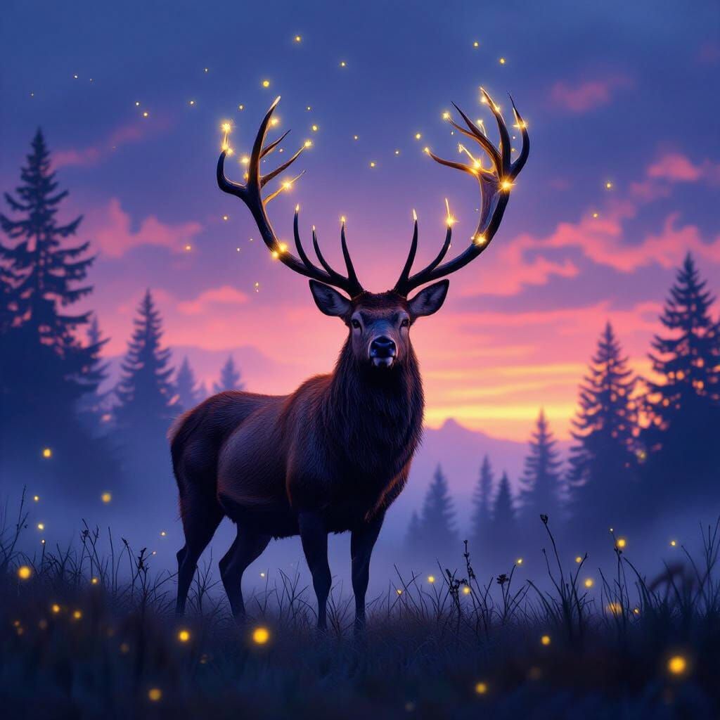 Stag with Firefly Antlers in Bioluminescent Twilight Forest