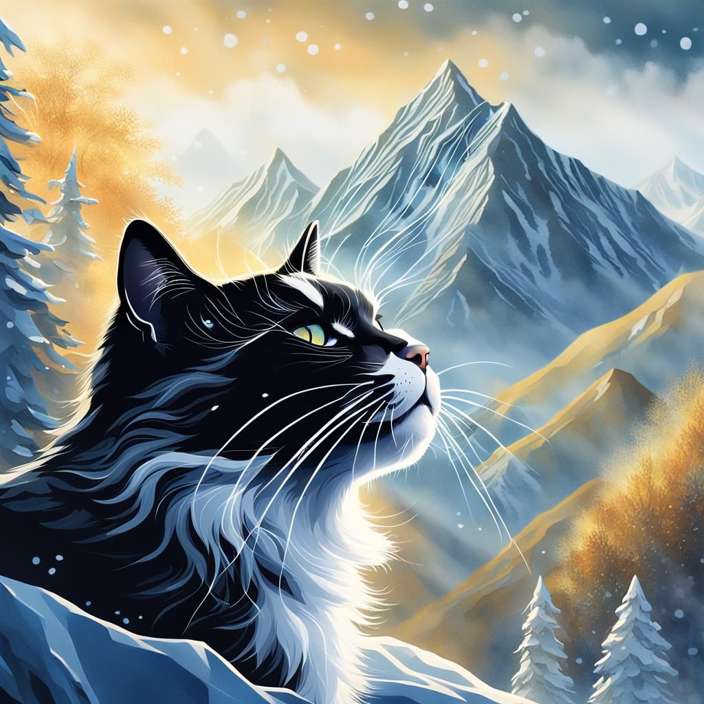 Monochrome Cat Yawns on Misty Mountain Peak