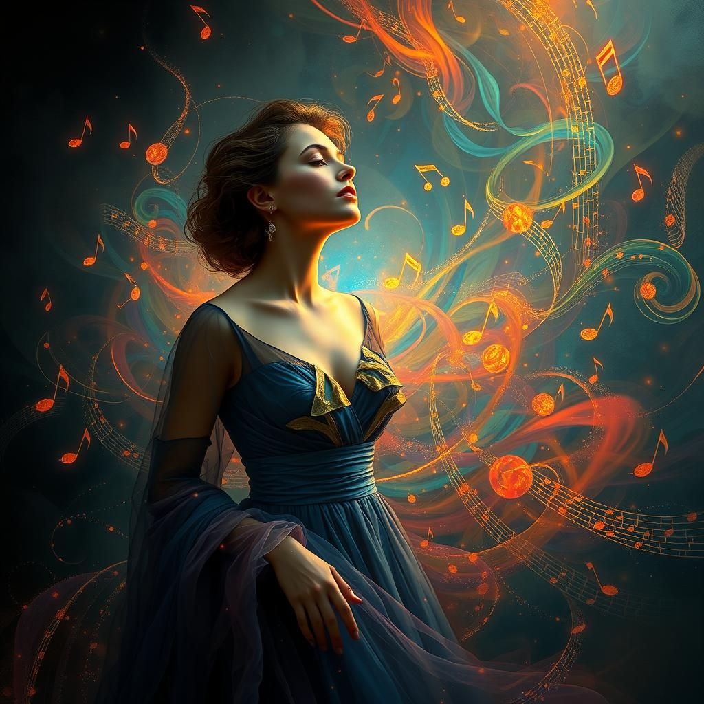 Woman in Swirling Lights with Music Notes