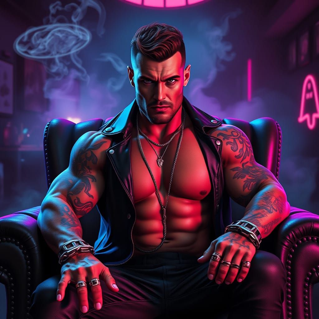 Rugged Man in Neon-Lit Underground Lair