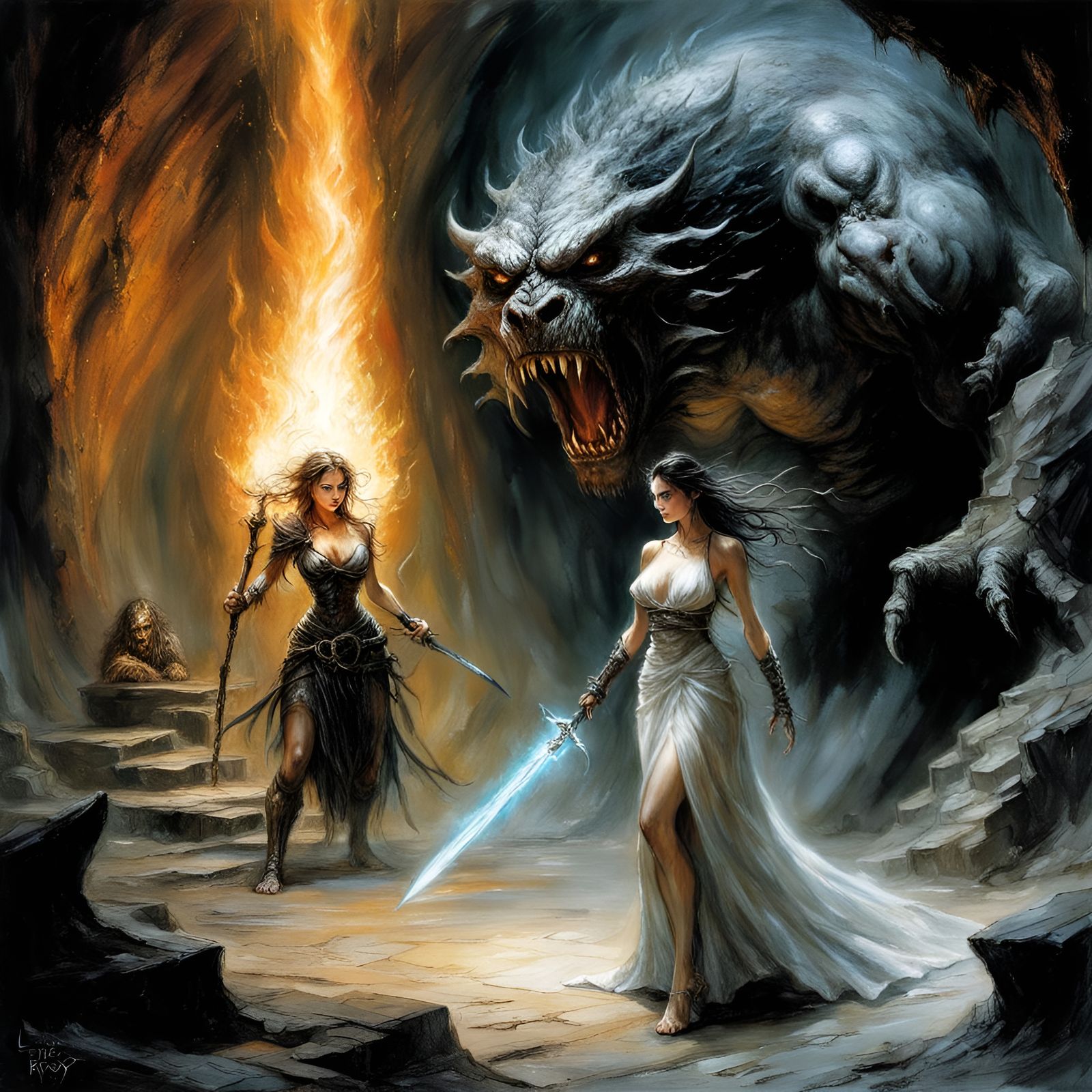 Sorceress Battles Monster with Fire Magic