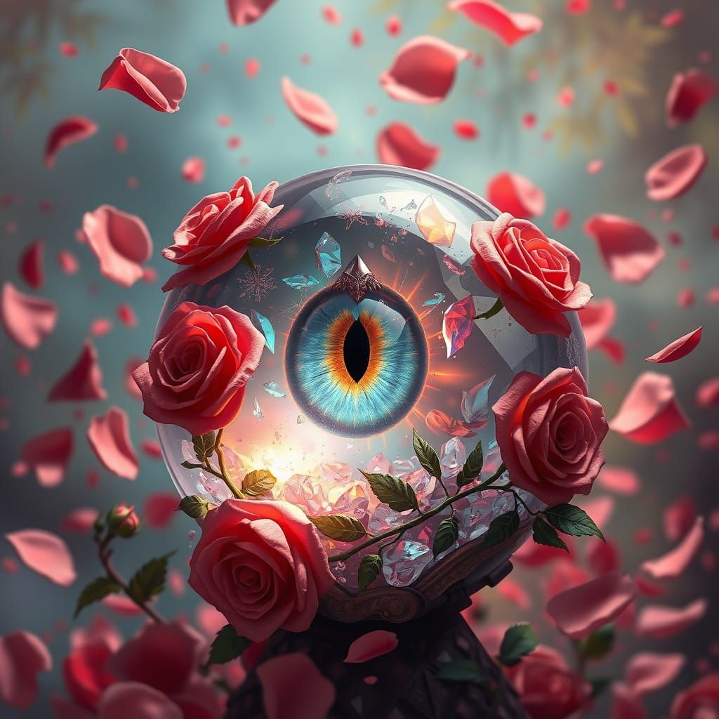 Crystal Cat Eye with Roses in Hyperrealistic Style