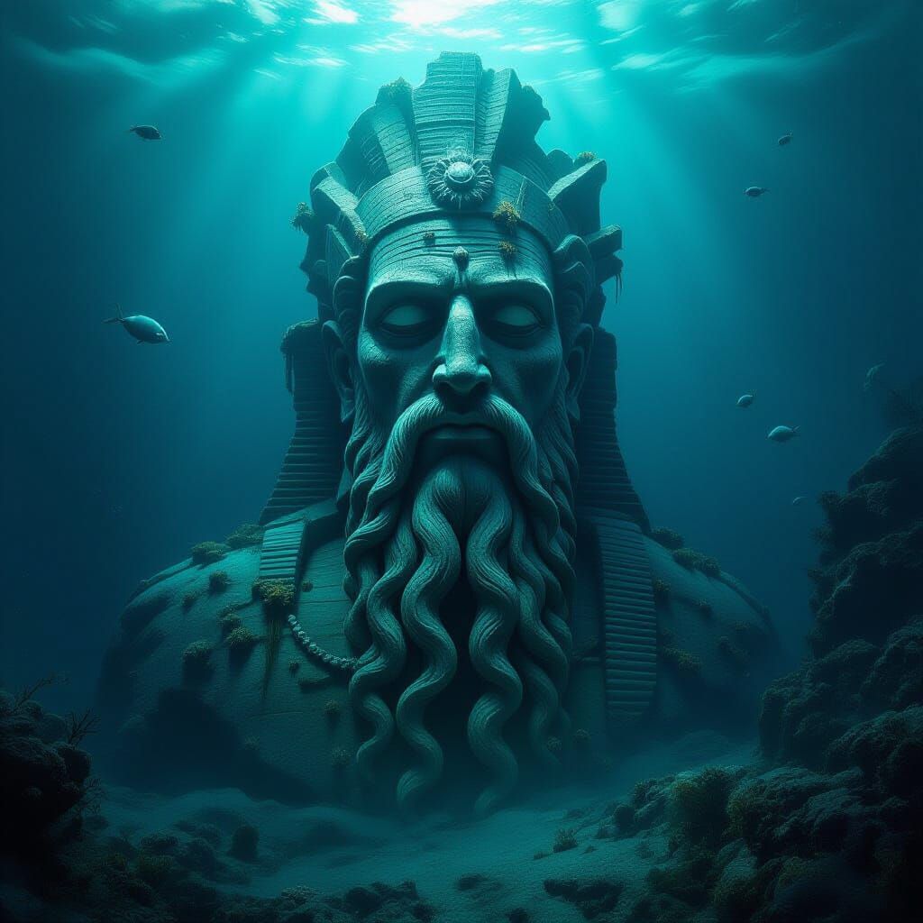 Ancient Sea God Statue in Bioluminescent Abyss